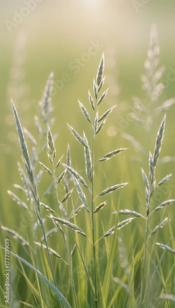 Fototapeta Green Meadow Grass in Sunlight, Natural Pasture and Agriculture Background
