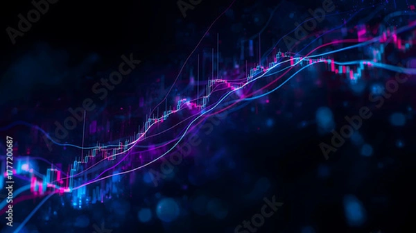 Fototapeta Holographic Stock Market Chart Displaying Fluctuating Trends Against a Dark, Abstract Background