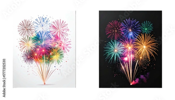 Fototapeta Festive fireworks, colorful explosions on bright and dark backdrops
