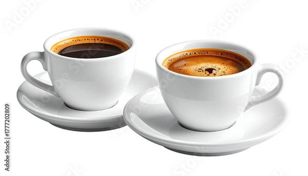Fototapeta Two cups of coffee, one darker, sitting on white saucers