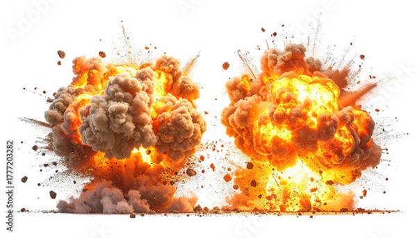 Fototapeta Twin fiery explosions with debris clouds against black backdrop