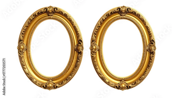 Fototapeta Two ornate oval gold frames, facing forward, on black