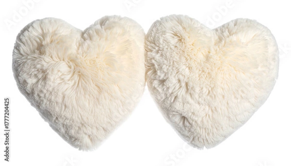 Fototapeta Two fluffy, ivory-colored heart-shaped cushions side by side