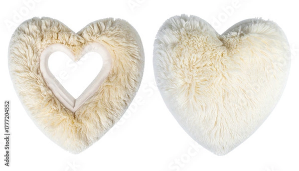 Fototapeta Fluffy heart pillows, one with open center, creamy white
