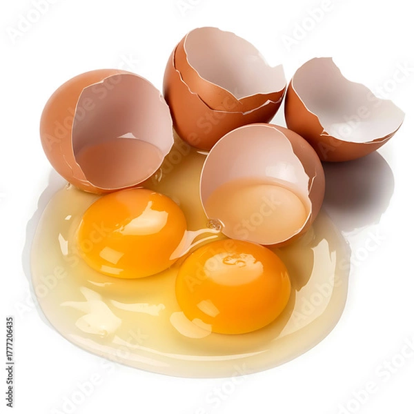 Fototapeta Broken chicken eggs with yolk are isolated on a white background, illustrating a concept for breakfast ingredients involving eggs.