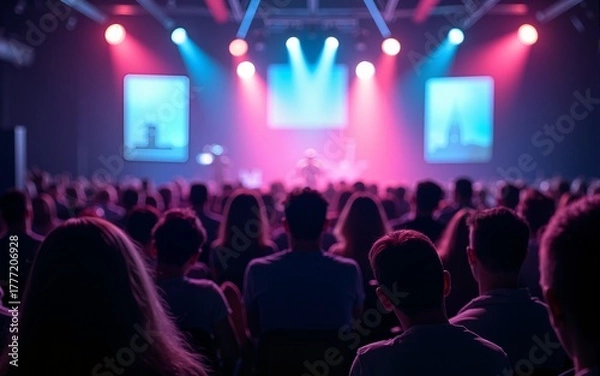 Fototapeta A large group of people sitting in front of a stage. Suitable for event, conference, or concert themes. High quality