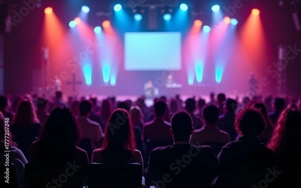 Fototapeta A large group of people sitting in front of a stage. Suitable for event, conference, or concert themes. High quality