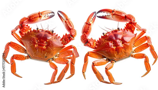 Fototapeta Two vibrant, cooked crabs facing each other on a black background