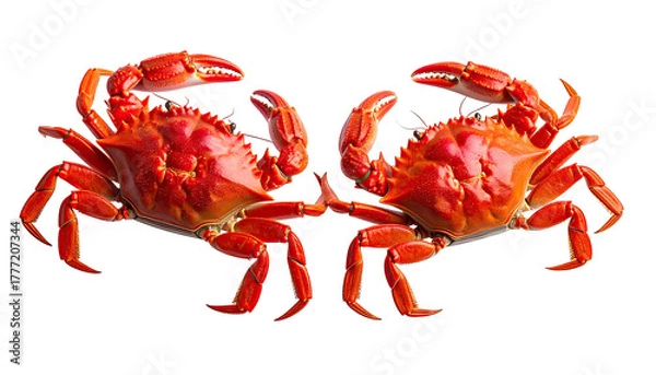 Fototapeta Two cooked, red crabs face each other, isolated on black
