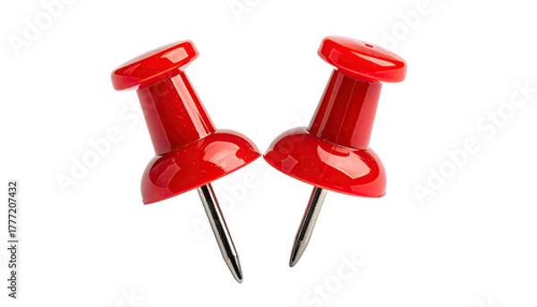 Fototapeta Two red pushpins angled, sharp needles against a black background