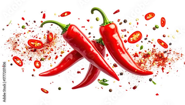 Fototapeta Three red chilies amidst spice scatter on a dark backdrop