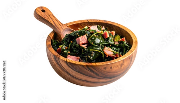 Fototapeta Spinach and bacon salad served in a wooden bowl with spoon