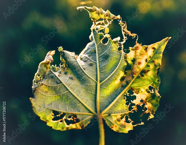 Obraz Backlit Leaf with Large Holes and Severe Insect Damage