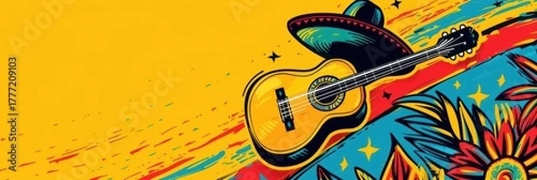 Fototapeta Colorful mexican guitar art celebrating santa cecilia day with festive vibes. Horizontal illustration. Copy space. Independence Day of Mexico. Flat illustration