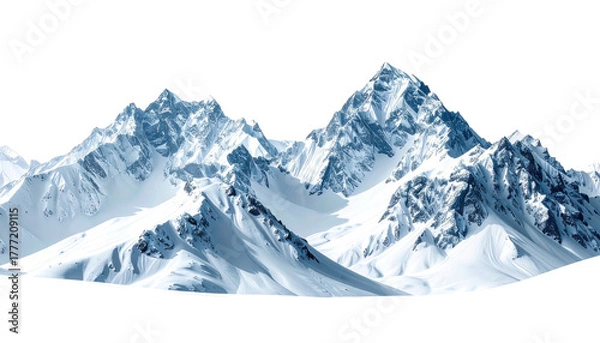 Fototapeta Jagged, snow-covered mountain range against a stark, black backdrop