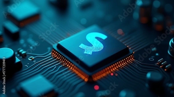 Fototapeta Digital finance concept with a glowing dollar sign on a microchip, symbolizing economic technology, cryptocurrency, and electronic investment on a futuristic circuit board