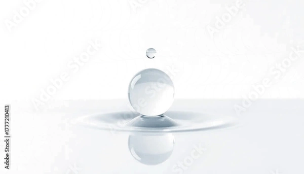 Fototapeta single clear water drop, realistic surface tension, soft reflection, clean lab aesthetic, isolated transparent background.
