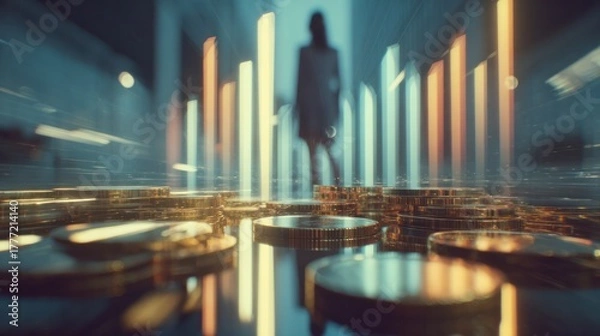Fototapeta Financial Vision: A silhouette of a businesswoman confidently stands before a shimmering display of golden coins, and ascending financial graphs, and symbolizes investment.
