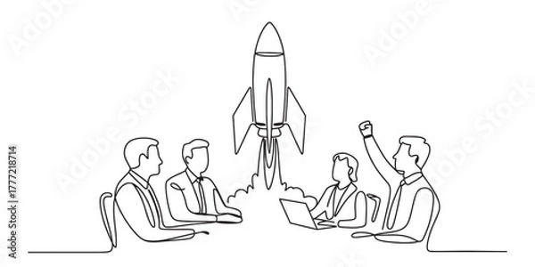 Obraz Continuous one line drawing of business team meeting and celebrating successful startup launch with a rocket, symbolizing innovation, growth, and strategic triumph Vector