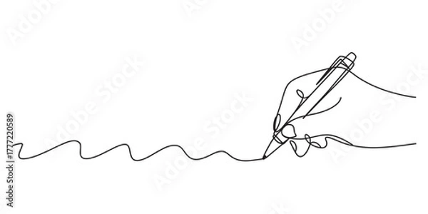 Obraz Continuous one line drawing of a human hand holding a pen and making a simple wavy stroke. artistic minimalist vector illustration isolated. Vector