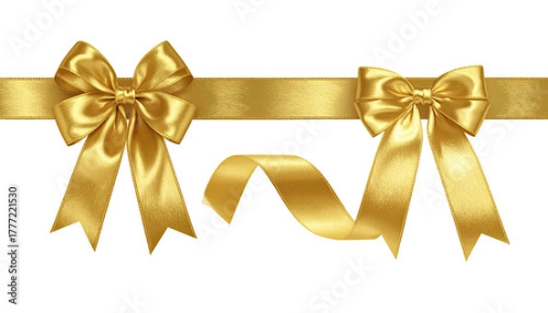 Fototapeta Two golden silk bows on a matching ribbon