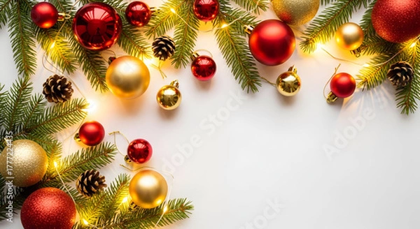 Obraz Traditional Red and Gold Christmas Ornaments with Pine and Lights

