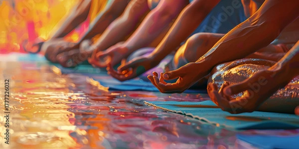 Fototapeta Yoga Hands and Feet Poses for Mindfulness and Balance, Close-Up of Yoga Hand Mudra and Bare Feet on Mat, Meditative Yoga Body Alignment Concept