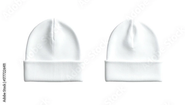 Fototapeta Two white beanie hats, identical, on a black background