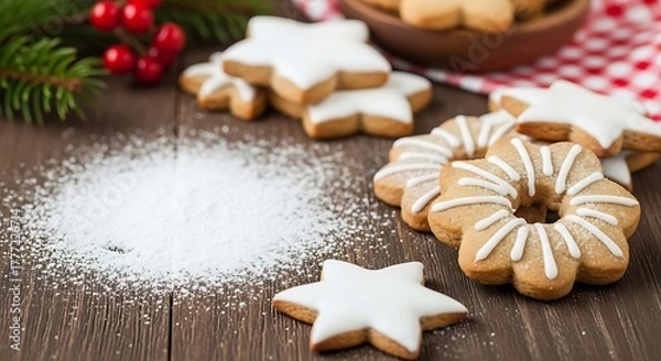 Fototapeta Festive star and ring shaped christmas cookies dusted with powdered sugar on a wooden table