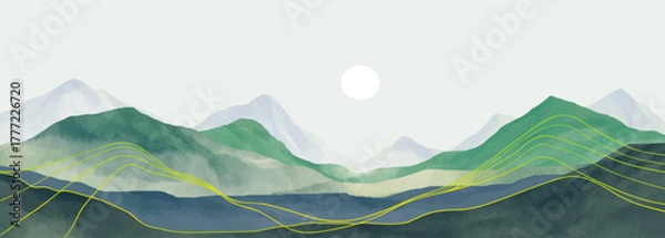 Obraz Mountain landscape watercolor painting illustration with line art texture. Mountain background for wall art prints, poster Art Decoration, banner