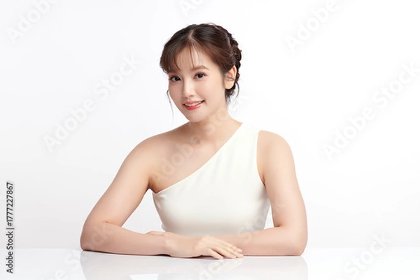 Fototapeta A beautiful young Asian woman with clean, fresh skin against a white background. Skincare, facial treatment, cosmetology, beauty, and spa. An elegant portrait of an Asian woman.