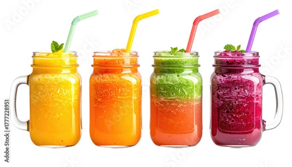 Fototapeta Colorful smoothies in glass jars with straws and mint garnish