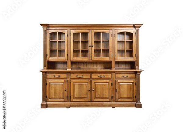 Obraz Detailed golden oak hutch with glass doors and ample storage for elegant home display