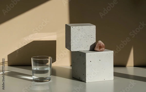 Fototapeta Minimalist still life with geometric shapes and a glass of water