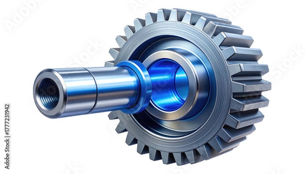 Fototapeta Metallic cogwheel on shaft, silver and blue, on a black background