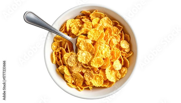 Obraz Corn flakes fill a white bowl, silver spoon inside, viewed above