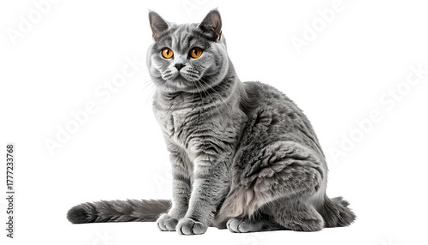 Obraz Alert grey cat sits, with bright orange eyes, against black