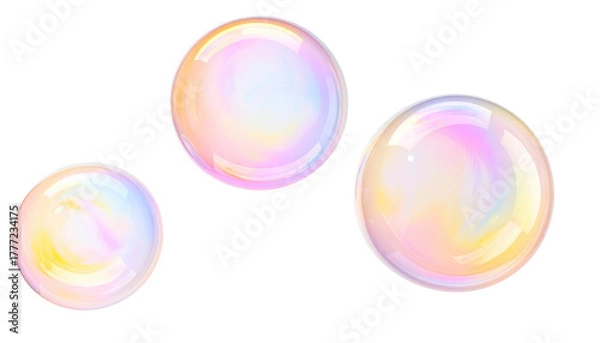 Fototapeta Iridescent soap bubbles float on black background, various sizes