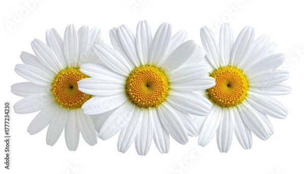 Fototapeta Three white daisies in a row with yellow centers on black