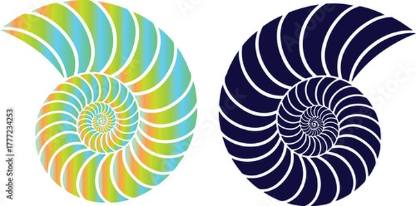 Fototapeta Two Nautilus Shell Spirals One Rainbow Gradient One Dark Blue Keywords: nautilus, shell, spiral