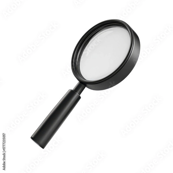 Fototapeta A close-up shot of a black magnifying glass with a clear lens, isolated on white.