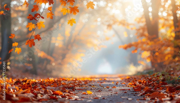 Fototapeta Stunning autumn path through golden trees with falling leaves and soft sunlight creating a vibrant, peaceful scene