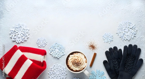 Obraz Winter Accessories and Hot Cocoa with Snowflake Accents on Blue

