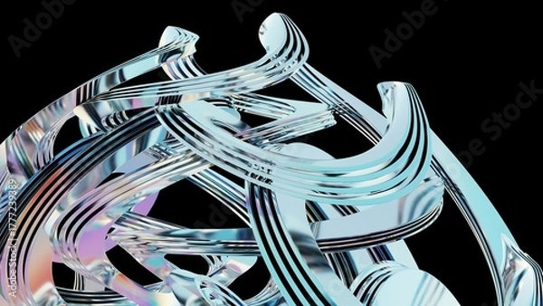 Fototapeta Abstract metallic swirls on black background 3d, modern art, reflective