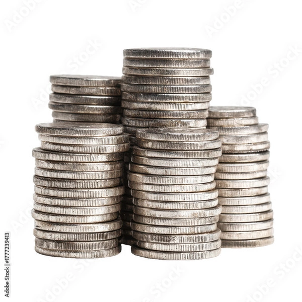 Fototapeta Stacks of metal coins png money png finance png currency png savings png wealth png banking png pile png assorted png round png transparent background image