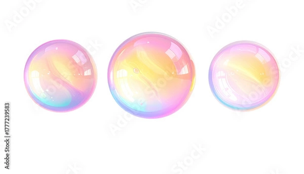 Fototapeta Three floating iridescent bubbles on a black background