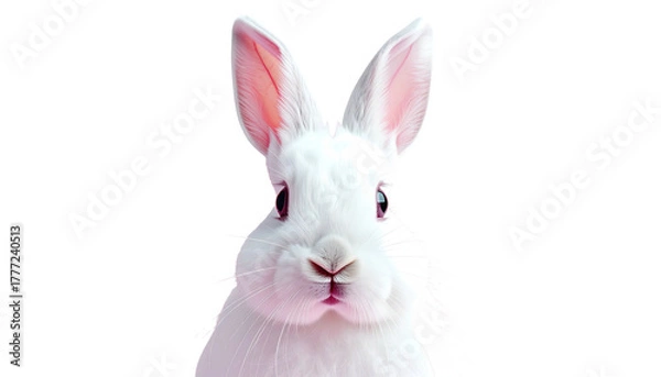 Obraz Fluffy white rabbit headshot, pink ears. Black background