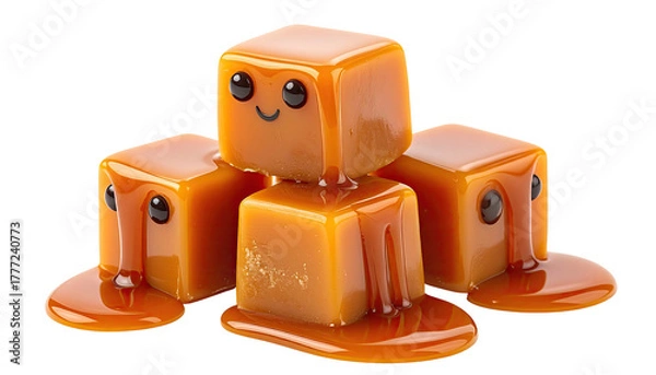 Obraz Smiling caramel cubes stacked, glistening with dripping sauce