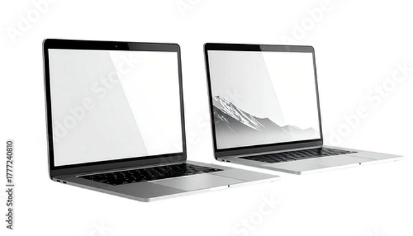 Fototapeta Two laptops one with blank screen, one showing mountain