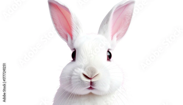 Obraz White rabbit face, focused, with long pink ears on black back